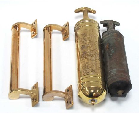 A Polished Brass Auto "Minimax" Hand Pump, type D Major, together with one other hand pump and a pair of brass door pulls (4)