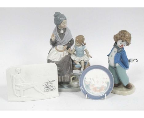 Lladro 'A Visit With Granny' Figurine 21.5cm tall, collectors society plaque, Galleon dish (Boxed), Nao clown:- One Tray.