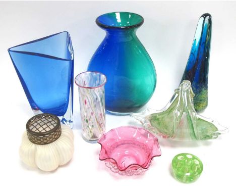 Isle of Wight Cylinder Vase 16cm tall, Pearl Luster Rose Bowl, Mdina colour obelisk paperweight and other coloured glassware: