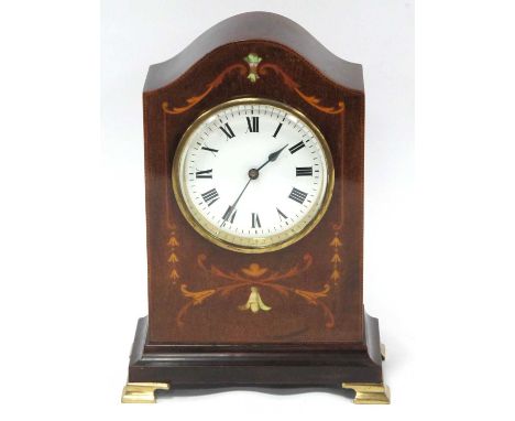 Edwardian Dome Topped Inlaid Mahogany Mantle Clock, with brass feet, French movement, black Roman numerals to a white dial, 2
