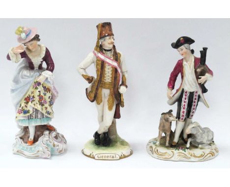 Austrian Porcelain Figure of General Hussar (Sword Absent) 18.5cm tall, continental bagpipes holder, and lady doffing hat (3)