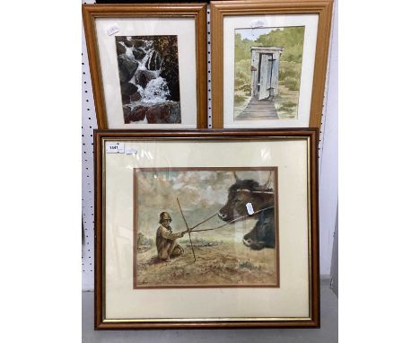 C. K. Pye Seated Boy Tethering Cattle Watercolour 24.5 x 30cm signed lower right, Nina Pickup Waterfall and Shed pair waterco