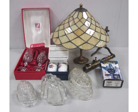 Tiffany Style Ceiling Light, modern microscope, Electra Robot, champagne flutes, jelly moulds, Worcester egg coddlers.