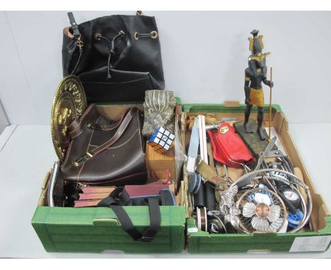 Fishing Reels, tyre pump, ladies' bags, etc:- Two Boxes.