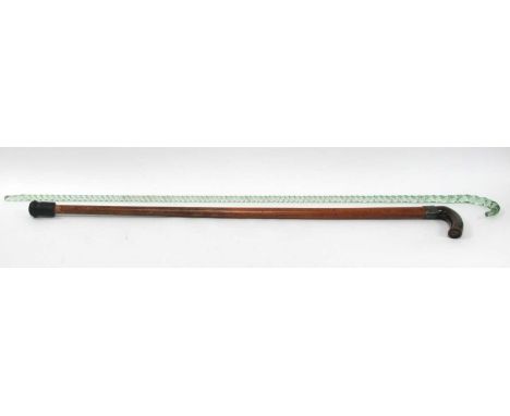 XIX Century Twist Glass Walking Stick, wooden example with silver buckle ferrule and horn handle.