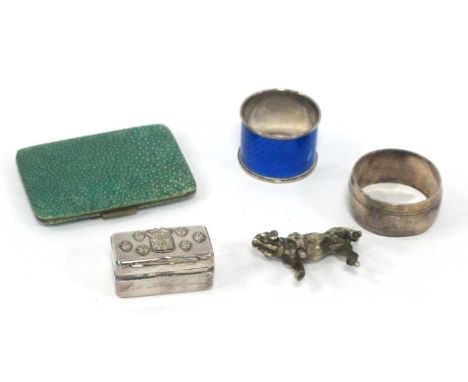 Shagreen Cigarette Case, Continental white metal trinket box, white metal dog mascot, two napkin rings. (5).