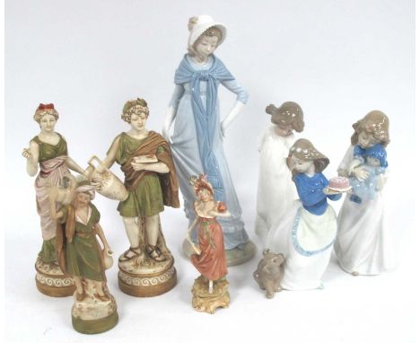 Royal Dux Classical Lady and Gentleman 22cm Tall, water carrier and lady (faults noticed), four Nao Figurines.
