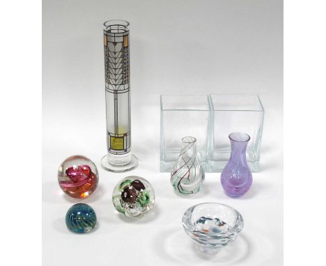 Omaggio A Frank Lloyd Wright Glass Cylindrical Vase 30cm Tall, Langham Paperweight, Sarah Peterson bowl, etc:- One Tray.