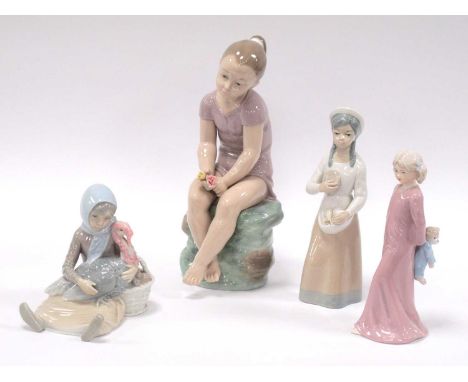 Lladro Seated Girl with Turkey. Nao seated girl holding flowers, 29cm high, two others (4).
