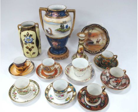 Noritake Vase with Junk Scene and Twin Gilt Handles 21cm tall, another floral, smaller camel design dish, candle stick, eight
