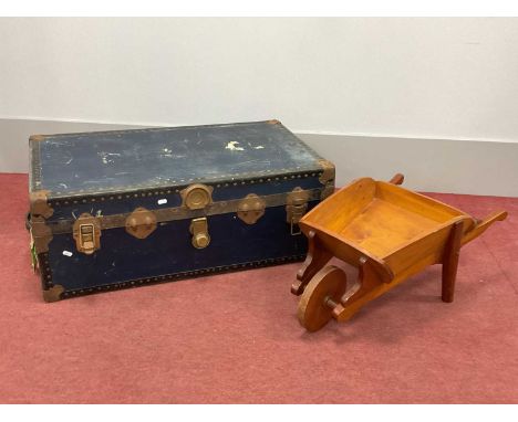 Metal Bound Travelling Trunk, 91cm wide excluding handles. Wooden posy wheelbarrow.
