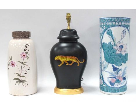 Rocamp Table Lamp, featuring leopard on a black ground, West German vase 553-38, 37cm high. Oriental stick stand (3).