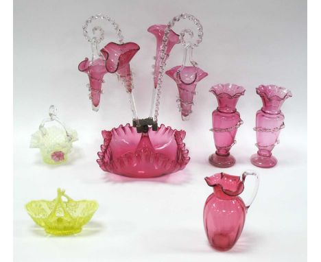 XIX Century Cranberry Glass Epergne, pair of XIX Century glass vases, jug, two green uranium glass style baskets etc:- One Tr