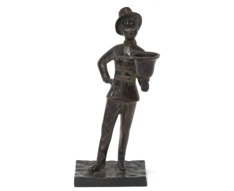 XX Century Bronze Figure of a Boy, wearing a hat holding a vessel, 22cm high.