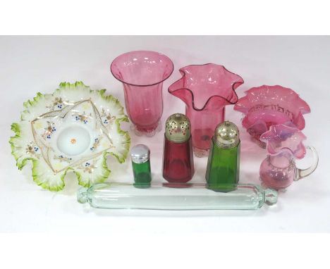 XIX Century Glass Vase, jug, bowl, fluted bowl highlighted with enamels, sugar casters, rolling pin, etc:- One Tray.