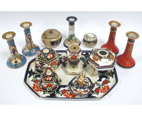 Noritake Six Piece Trinket Set Including Ring Stand as a Hand, Candlesticks, jam pot, lidded jar:- One Tray.