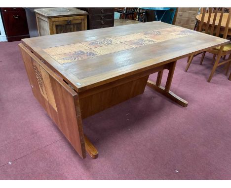A Mobler Denmark Teak Dining Table, circa 1970s, the rectangular top inset with ten ceramic tiles, 161 x 90cm, extending a fu