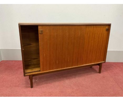 'Multi Width Fitting Furniture', teak book cabinet with solid sliding doors, inner shelf, on tapering legs, 122cm wide.122cm 