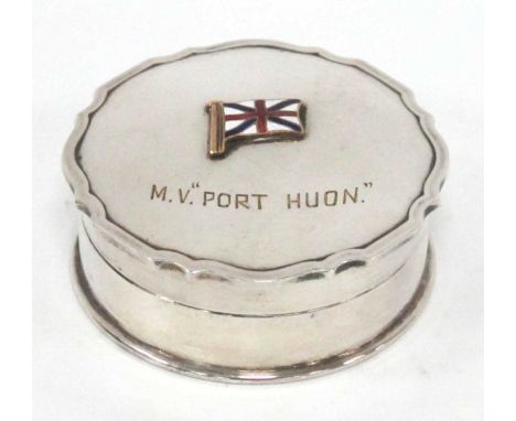 Vintage Shipping. M.V "Port Huon" White Metal Trinket Box, by Mappin &amp; Webb with enamelled flag logo of Port Line Ltd, wi