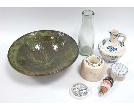 Hardy of Wibsey &amp; Areca Nut Tooth Paste Pot Lids, Captain Webb Puck's match holder, Delft ewer, Studio pottery bowl. Wade