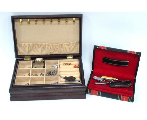 Pocket Knives (x 6), including Richards, Multiblade. Cuff links, watch, tie pins, etc, in two jewel boxes.