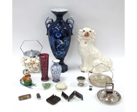 XX Century Japanese Tin-plate of a Girl Skier, XIX Century Staffordshire dog, biscuit barrel, folding comb etc:- One Tray.