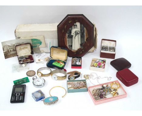 Costume Jewellery, Mentor pocket watch, silver napkin rings, wrist watches, coin, stethoscope, etc:- One Box.