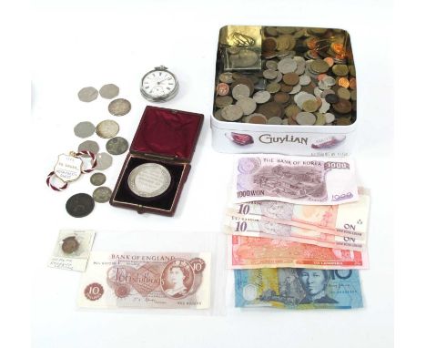 Collection Of Mainly World Coinage And Banknotes, including four GB Ten Shillings banknotes, pre 1947 silver coins, redeemabl