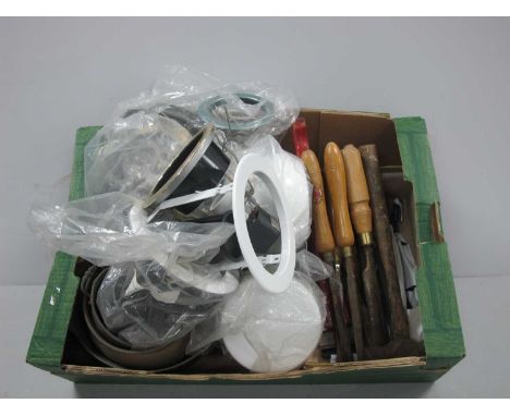 XIX Century Brass Jam Pan, lighting, Anvil brand chisels, other tools, etc:- One Box.