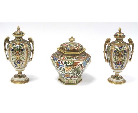 Noritake Hexagonal Jar and Cover Featuring Birds and Foliage in Multicolours 17.5cm tall, a pair of similar urns. (3)