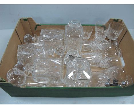 Four Matching Spirit Decanters, one other decanter, various glasses, wine savers etc:- One Box.