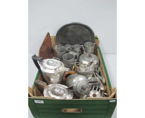 Pewter Mugs, pewter tea service, plated tea service, plated chamber candlestick, plated fish knife servers etc:- One Box.