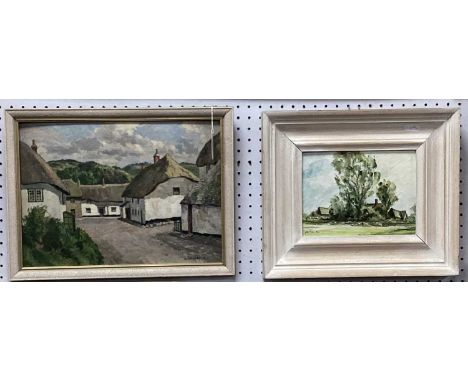 W. Lambert Bell, village of thatched white cottages, oil on board 24 x 33cm signed lower right, John Constable Reeve, farmhou