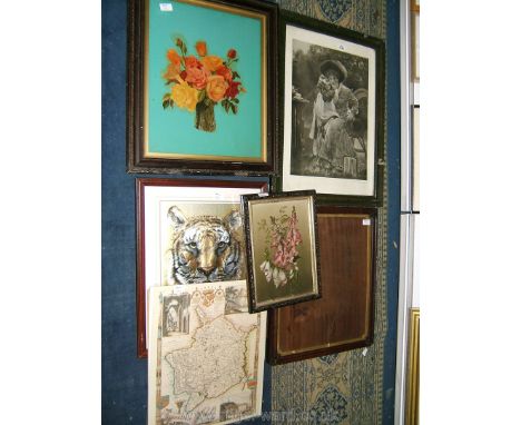 A framed Print of a Tiger by Juliette Smith along with a wooden picture frame, Print of a flower and a Fine Art Series Print 