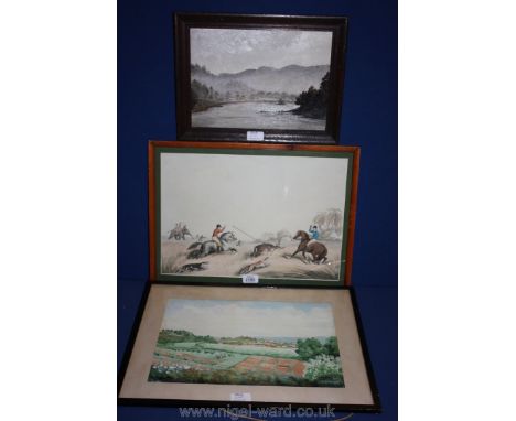 A framed coloured Lithograph 'Hog Deer at Bay', a small Oil on board of a river landscape along with a framed and mounted Wat