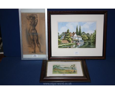 A small Watercolour of a Land and Seascape by Geoffrey H. Coling 2003, 6 1/2" x 5" plus a Watercolour of a Canal scene and Pu