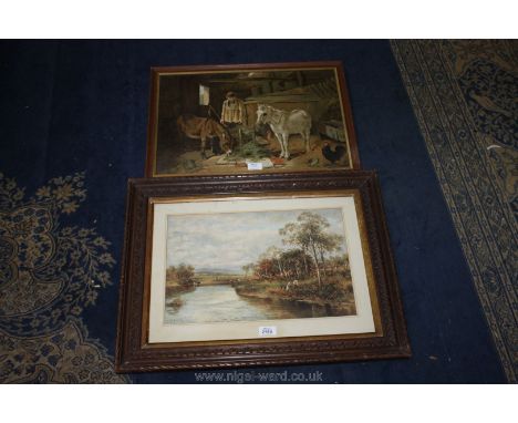 A framed and mounted Countryside Print with river, cattle and figures by C. Brennir along with a Print of a stable scene with