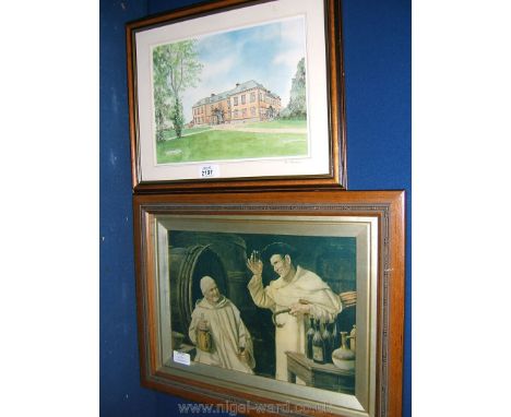 A hand coloured Print of Tredegar House and a Print of two Priests