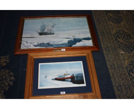 A large Print of Discovery on Ice with penguins, seals and people by J Steven Dews, 29" x 19" also a framed picture of RRS Br