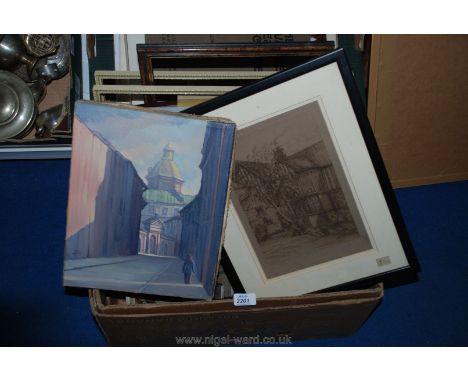 A box of Frames including and Oil Painting and a Print