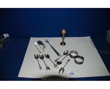 Miscellaneous Silver Spoons, caddy spoon, napkin rings and silver tongs, bud vase, etc.