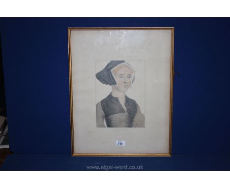 After Hans Holbein the younger, a Watercolour Portrait of Lady Lister, inscribed 'Hans Holbein' in pencil lower right