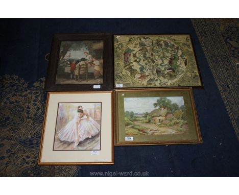 A quantity of Prints including ballet dancer, Hamispharium Australe, Stannard Country Cottage, Pears Print of a family outsid
