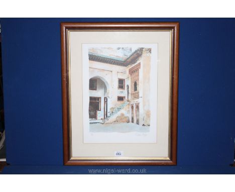 A limited edition Print, no. 24/195 by Deirdre Morgan depicting the exterior of a continental town house