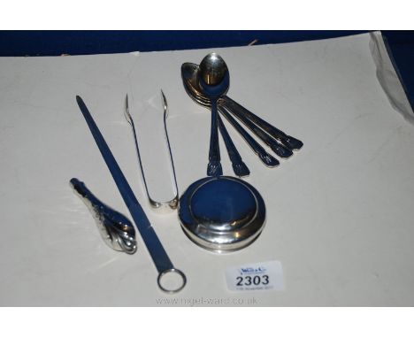 A Silver Pot Lid & Button Hook Handle T/W Sugar Tongs, Tea Spoons & Meat Skewer.