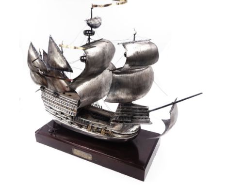 Modern silver limited edition model of The Mary Rose, depicting the ship in full sail, with gilded details, hallmarked Ammoni