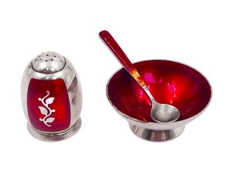 Mid 20th century Danish silver and guilloche enamel cruet set by Volmer Bahner, comprising pepper shaker, open salt and salt 