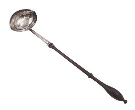 George II silver toddy ladle, the silver bowl of oval form, with engraved initials to underside, hallmarked London 1741, make