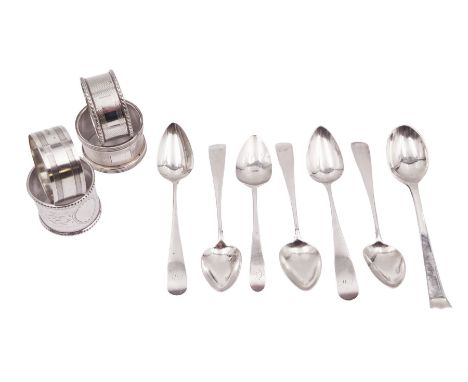 Set of five George III Scottish silver Old English pattern teaspoons, with engraved initials to terminal, hallmarked James Or