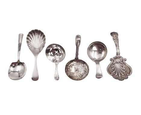 Six silver caddy spoons, including two George II examples, each with circular bowls, one pierced, hallmarked London 1799 and 